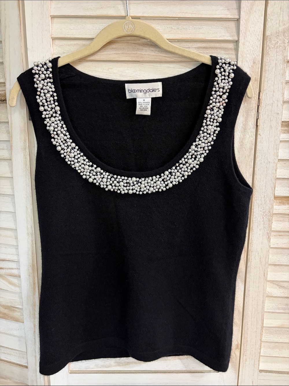 Bloomingdale's Black Cashmere Embellished Pearl-Trim Sleeveless Tank